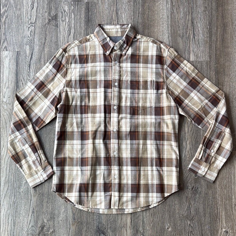 Boohoo Man Shirt Brown Plaid Button Down Cotton Long Sleeve Shirt Size Medium